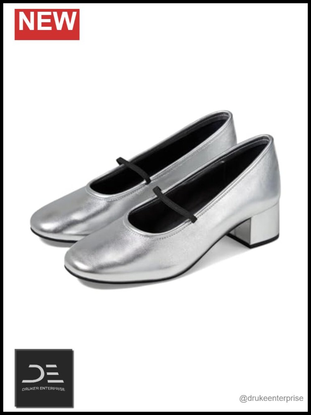 Leather Ballet Flats with Elastic Mary Jane Strap - Block Heel